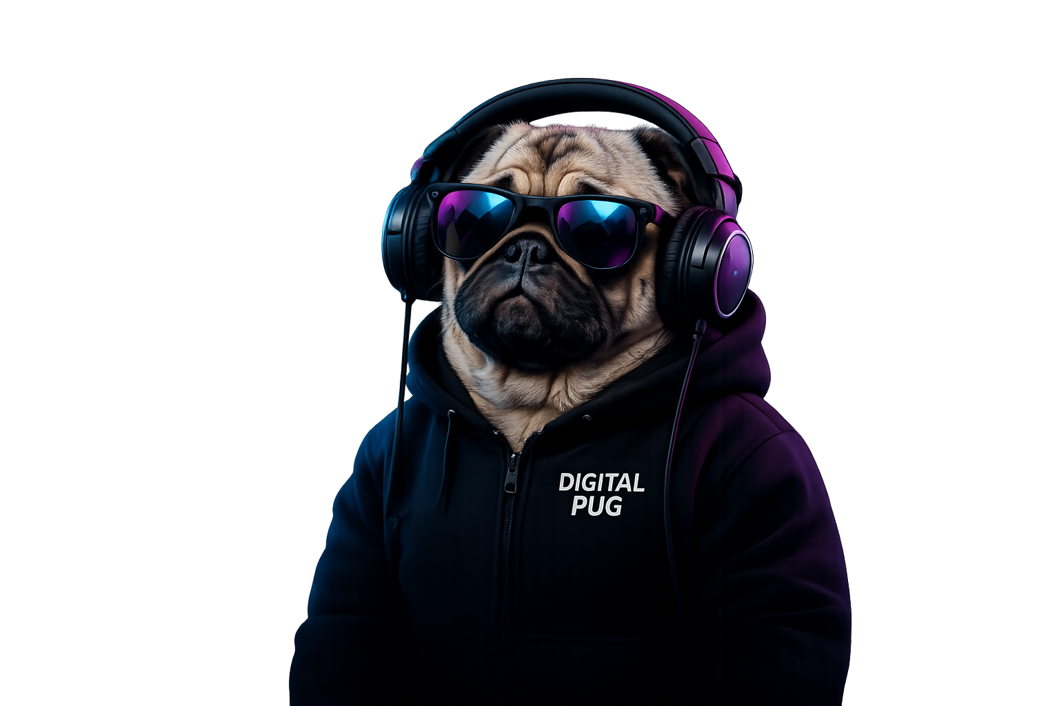 Digital Pug mascot wearing headphones and sunglasses